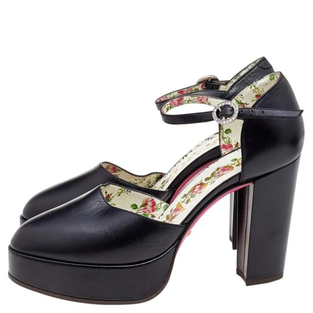 GUCCI Black Leather Agon Mary Jane Platform Pumps 37 - Picture 4 of 8